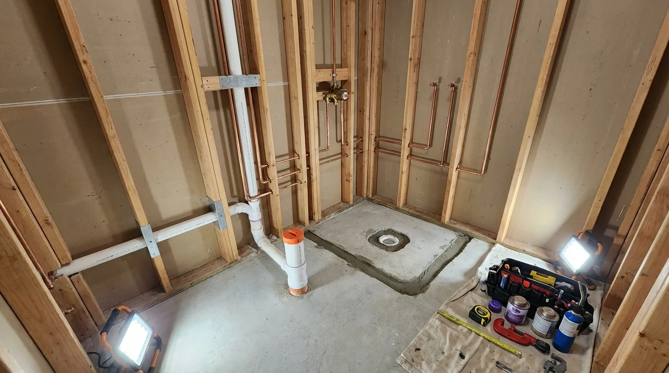 Bathroom rough-in plumbing during remodel by Johns Plumbing LLC in Albany