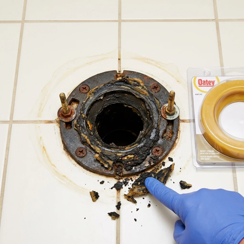 Failed wax ring showing water seepage at the base of a toilet in a Albany, TX home