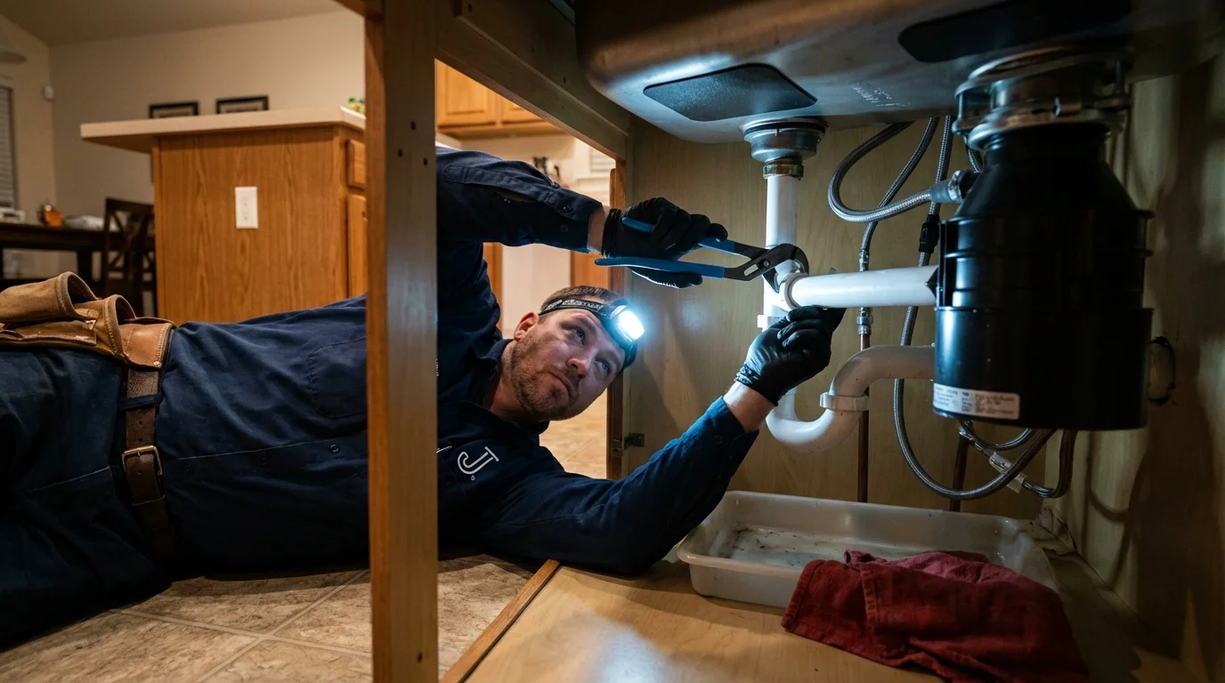 P-trap and supply line connections under a kitchen sink showing a common leak point in Albany, TX